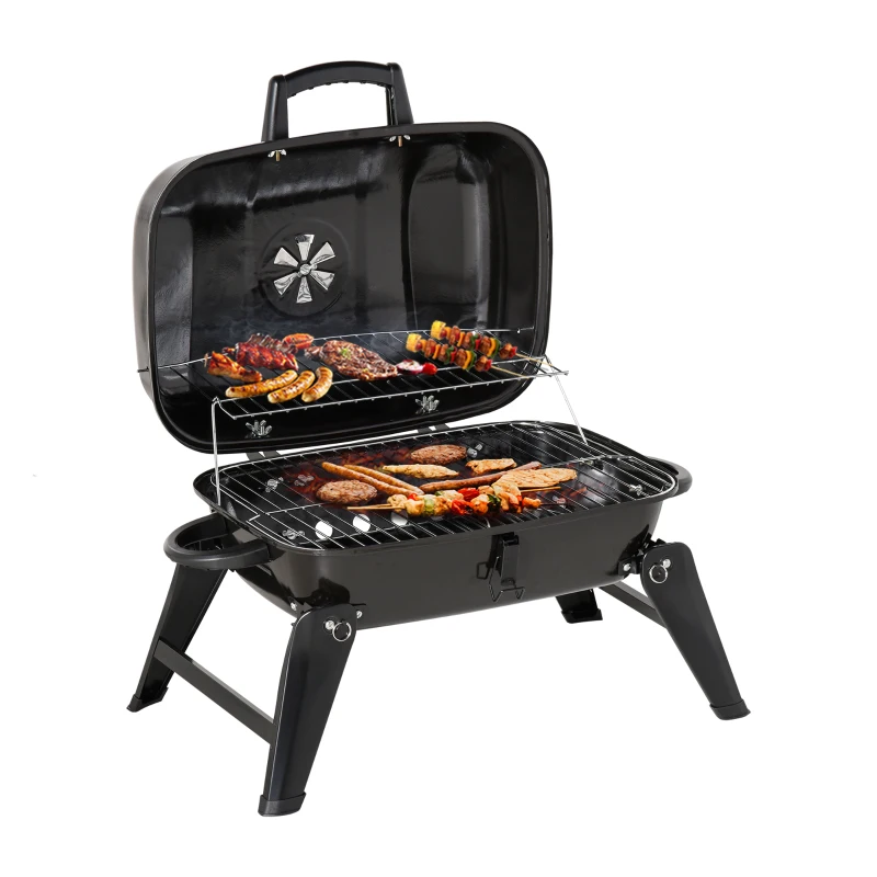 Outsunny 14" Portable Grill, Small Charcoal Grill for Outdoor Cooking, BBQ, Camping, Enamel Coated, Folding Legs, Black