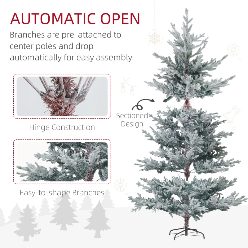 HOMCOM 7.5 Foot Artificial Nordic Pine Christmas Tree with Snow, Easy Assembly, Hinged Xmas Tree for Home Office Holiday