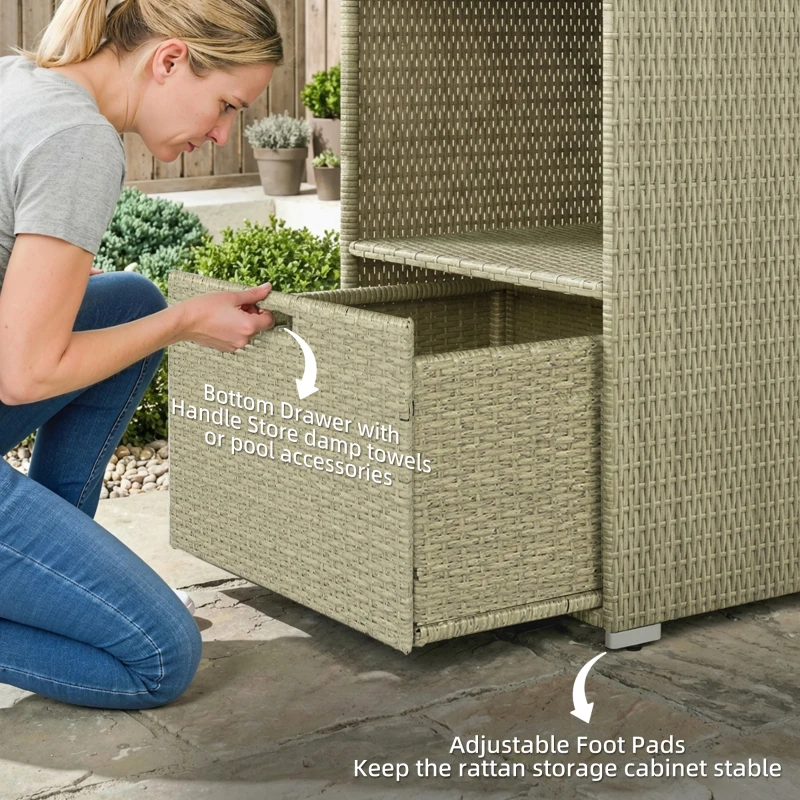 Outsunny Valet Pool Towel Rack, Water-Resistant PE Plastic Rattan Wicker Storage Organizer, 2 Shelves, 1 Basket Drawer