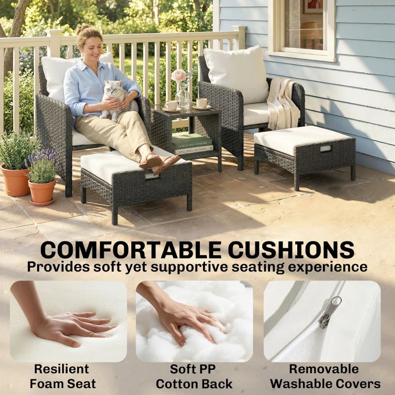 Outsunny 5 Piece Patio Furniture Set, Wicker Outdoor Furniture Set, 23.6" Seat, Ottomans, Glass Table, Cushions, Beige