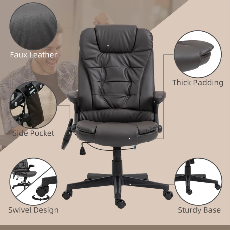 HOMCOM Massage Office Chair, Heated Reclining Computer Chair with 6 Vibration Points, Armrest and Remote, Dark Brown