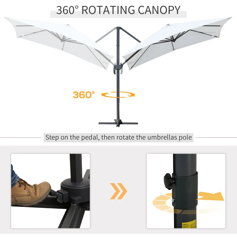 Outsunny 8ft x 8ft Square Offset 360 Cantilever Market Patio Umbrella with Cross Base Off White