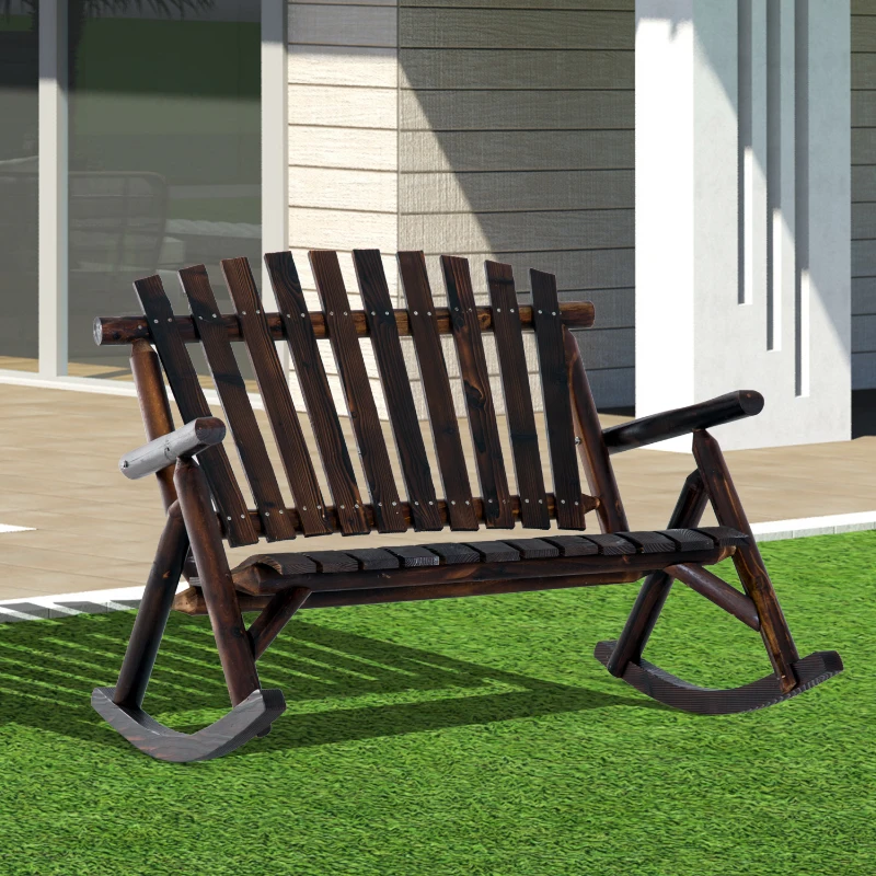 Outsunny Wooden Porch Rocking Chair, Wood Double Adirondack, Rocker for Indoor or Outdoor with High Rise Slatted Back, Carbonized