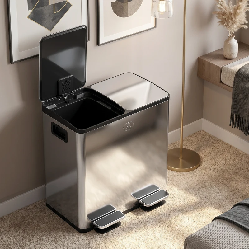 HOMCOM Trash Can, 2 x 5 Gallon Stainless Steel Garbage Can with Soft Close, Stay-Open Lid, Pedals, Inner Buckets, Silver