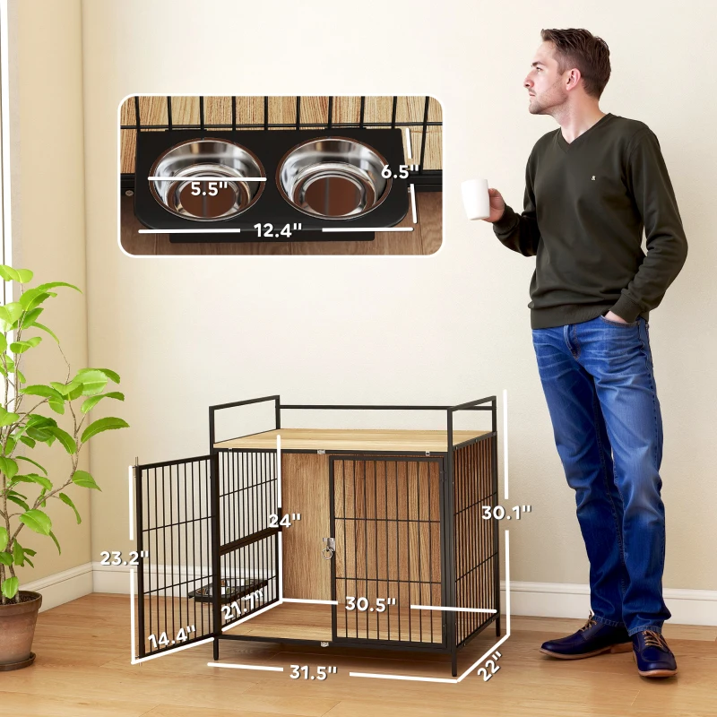 PawHut 30 Inch Dog Crate Furniture, Indoor Pet Kennel Side Table with Rotatable Bowls, 2 Doors, for M Dogs, Oak