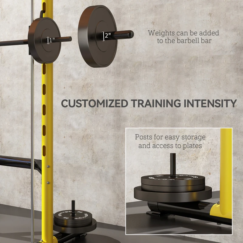 Soozier Squat Rack with Pull Up Bar and Barbell Bar Adjustable Bench Press Multi-Function Weight Lifting Half Rack, Yellow