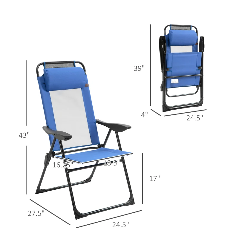 Outsunny Set of 4 Folding Patio Chairs, Camping Chairs with Adjustable Sling Back, Removable Headrest, Armrest for Garden, Backyard, Lawn, Blue