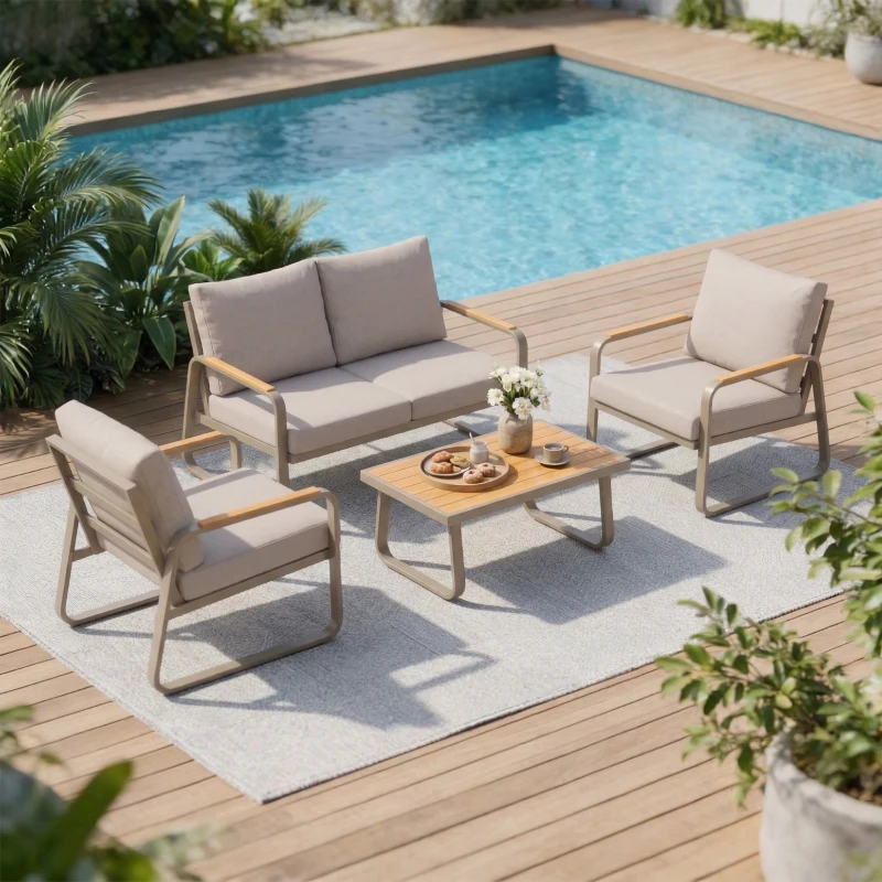 Outsunny 4 Piece Patio Furniture Set, Outdoor Sofa Set with Loveseat, 2 Armchairs, Coffee Table and Cushions