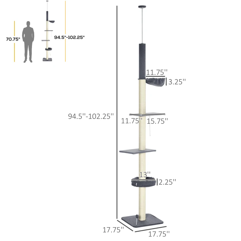 PawHut Floor To Ceiling Cat Tree, 5-Tier Cat Climbing Tower, 95''-106'' Height Adjustable with Carpeted Platforms, Cozy Bed