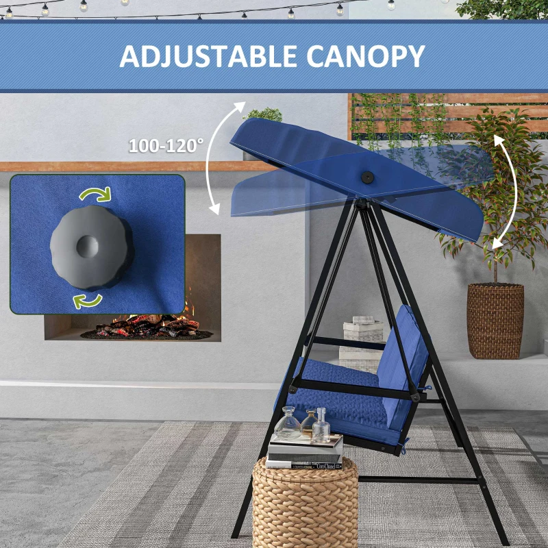 Outsunny 3-Person Patio Swing Chair, Outdoor Porch Swing with Adjustable Canopy, Removable Cushions for Garden, Backyard, Blue