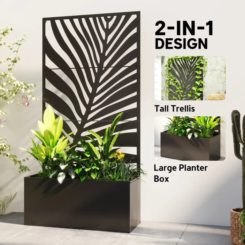 Outsunny Metal Planter Box with Trellis, Raised Garden Bed with Trellis Large Leaf Cut-Out Privacy Screen for Climbing Plants