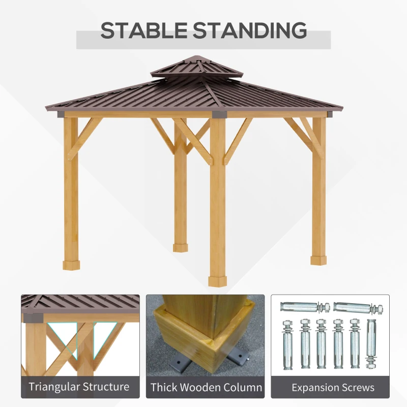 Outsunny 10' x 10' Hardtop Gazebo with Galvanized Steel Double Roof, Wooden Frame, Permanent Pavilion with Ceiling Light Hook, for Garden, Patio, Backyard