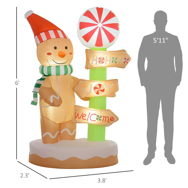 Outsunny 6' Christmas Inflatable Gingerbread Man and Signpost w/ LED Lights, Blow-Up Outdoor Display for Party
