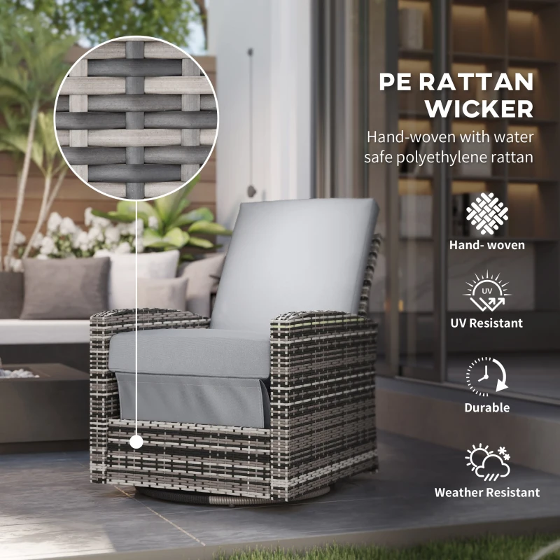 Outsunny Outdoor Wicker Swivel Recliner Chair, Reclining Backrest, Lifting Footrest, 360° Rotating Basic, Gray
