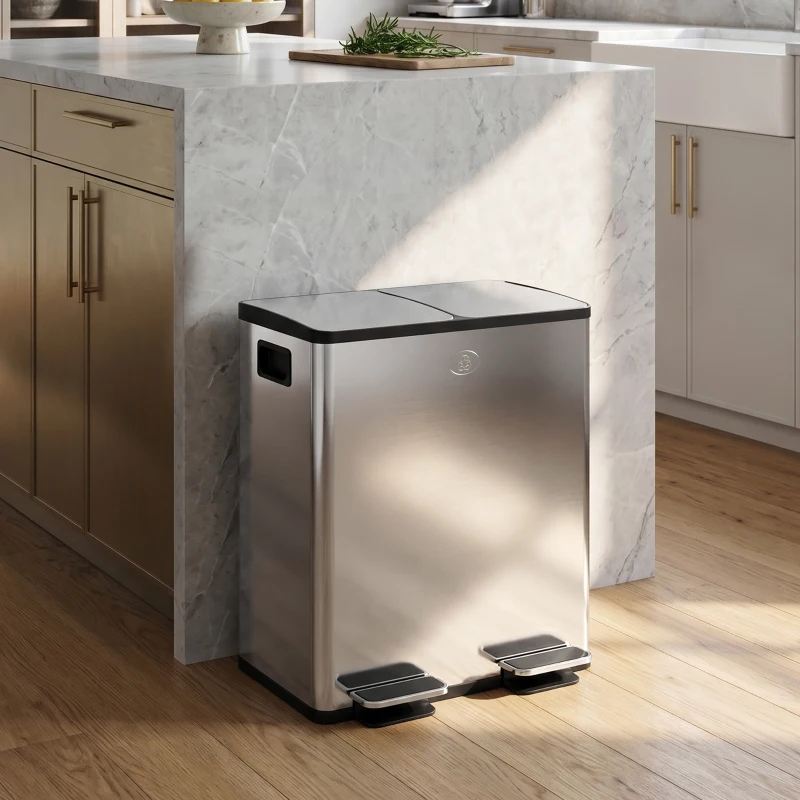 HOMCOM Trash Can, 2 x 5 Gallon Stainless Steel Garbage Can with Soft Close, Stay-Open Lid, Pedals, Inner Buckets, Silver