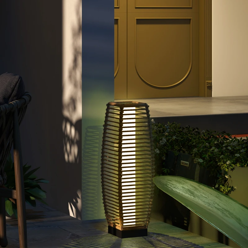 Outsunny Solar Floor Lamp, Outdoor Rattan Garden Lantern Pathway Light & Decorative Driveway Lighting with Auto LED Lights, Sand
