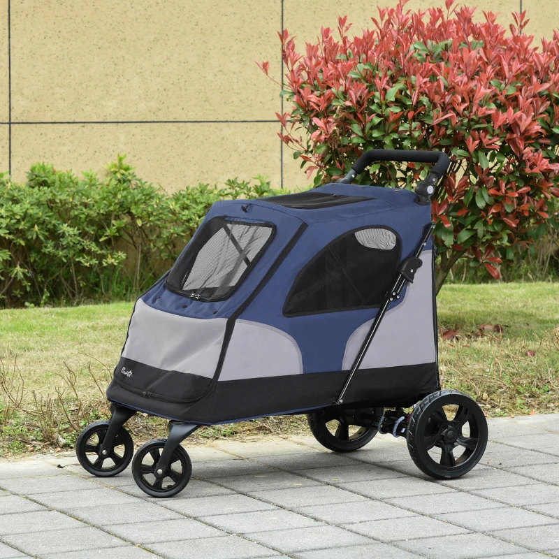 PawHut Pet Stroller Foldable Dog Cat Carriage with Adjustable Handlebar Brake, Storage Bag, Mesh Window, Safety Leash, Blue