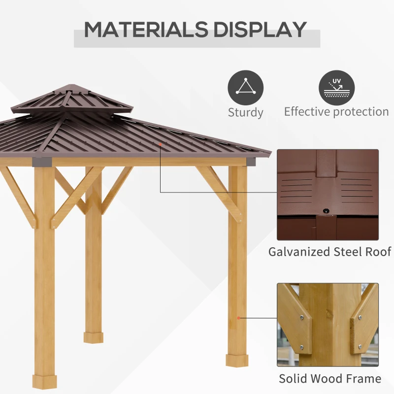 Outsunny 10' x 10' Hardtop Gazebo with Galvanized Steel Double Roof, Wooden Frame, Permanent Pavilion with Ceiling Light Hook, for Garden, Patio, Backyard