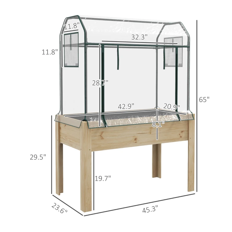 Outsunny Raised Garden Bed with Plastic Greenhouse Cover Outdoor Planter Box for Herbs and Vegetables, 45x24x65 inch Natural