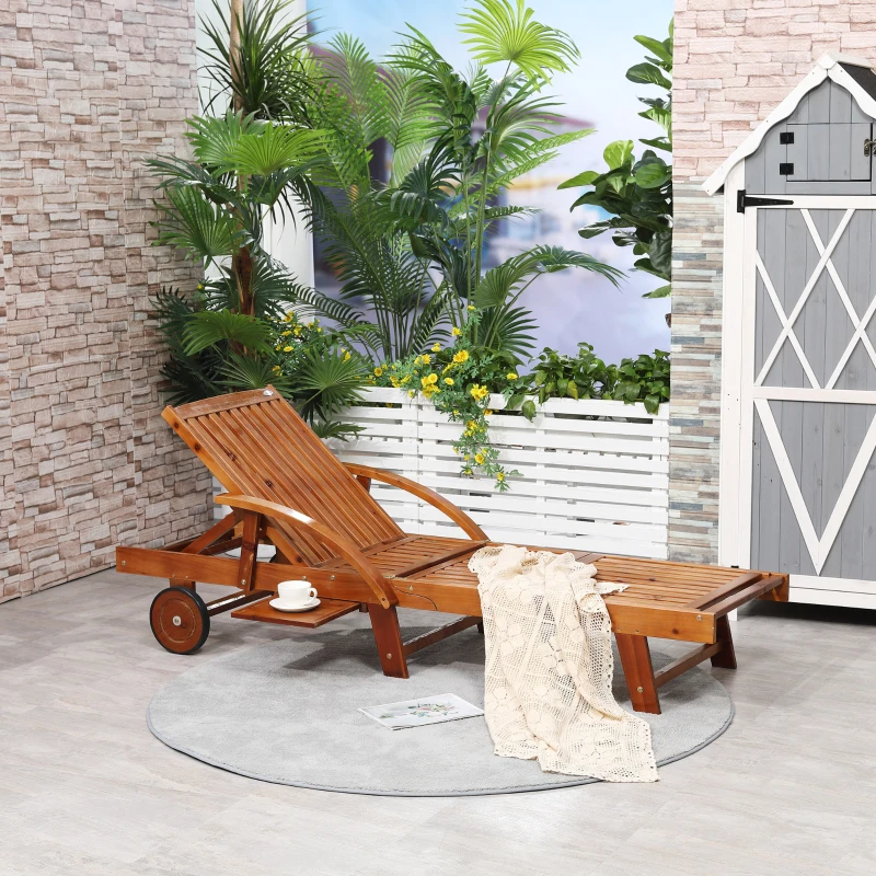 Outsunny Acacia Wood Folding Patio Sun Lounger with Wheels and Pull-Out Tray