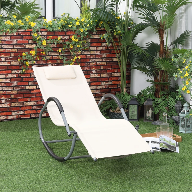 Outsunny Outdoor Rocking Chair, Chaise Lounge Pool Chair for Sun Tanning, Sunbathing Rocker, Armrests & Pillow for Patio, Lawn, Beach, Large, Beige