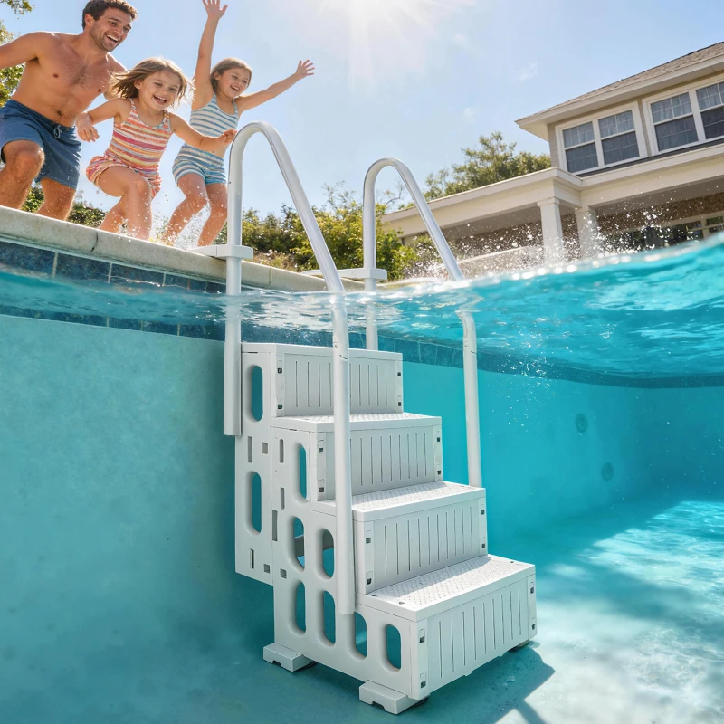 Outsunny Swimming Pool Ladder Adjustable Height for Above Ground Pool Steps with Dual Handrails White