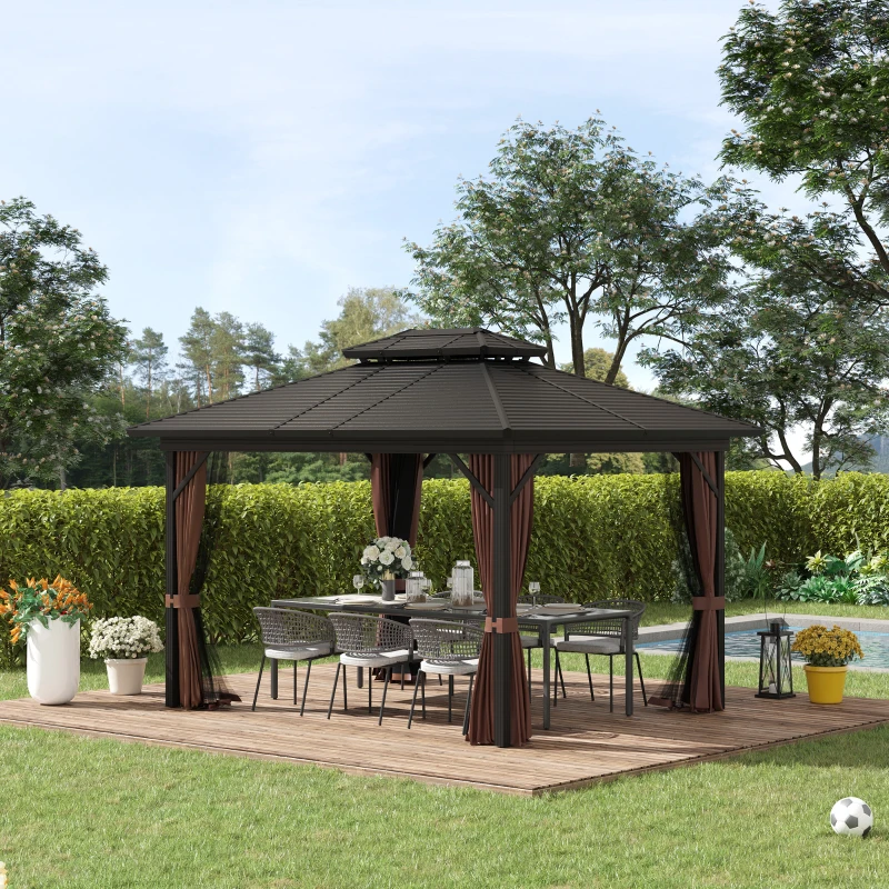 Outsunny 10' x 12' Hardtop Gazebo with Curtains and Netting, Permanent Pavilion Metal Double Roof Gazebo Canopy with Aluminum Frame and Hooks, for Garden, Patio, Backyard, Brown