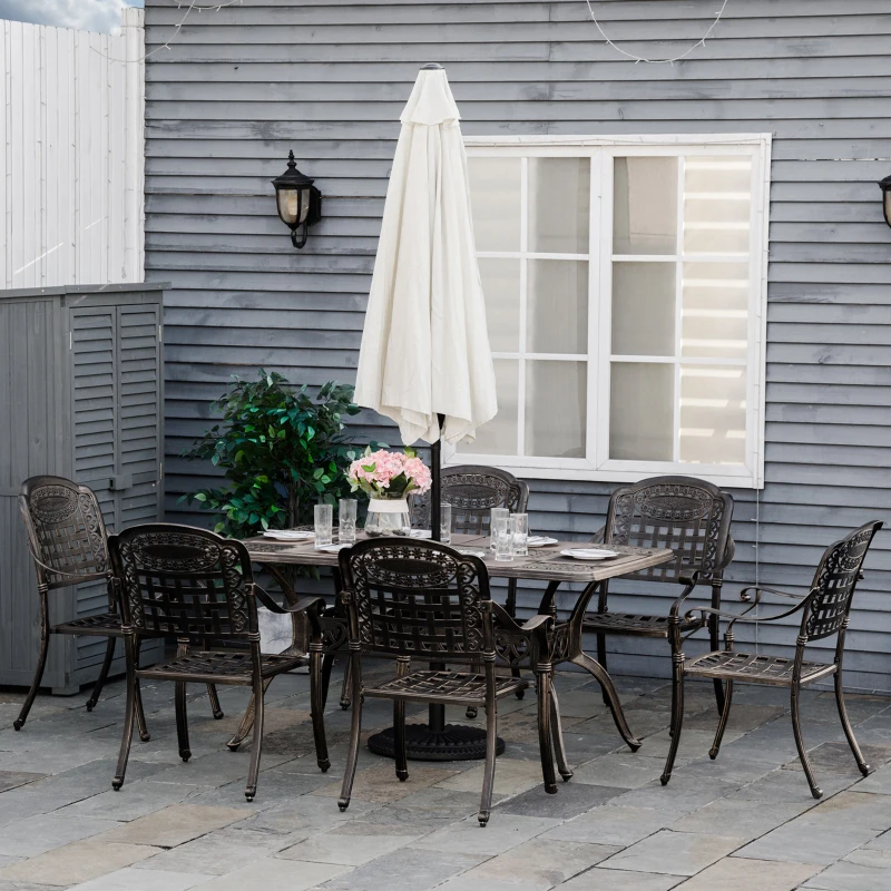 Outsunny 7-Piece Patio Dining Set, Cast Aluminum Outdoor Furniture Set with 6 Armchairs, 1 Table and Umbrella Hole, Bronze