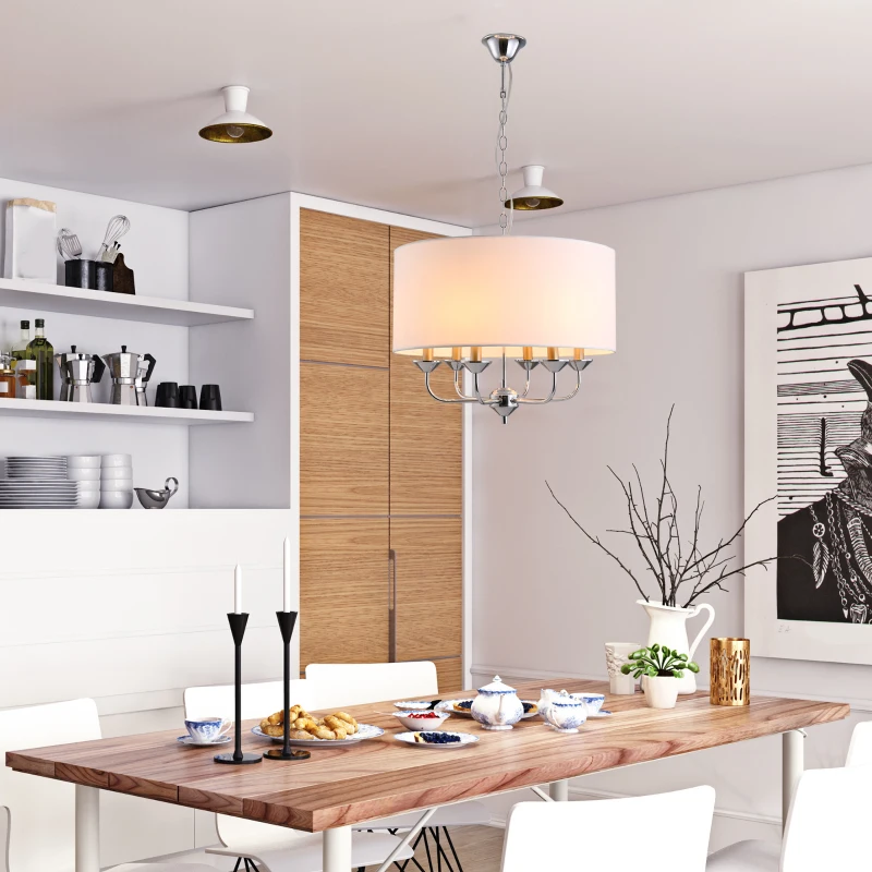 HOMCOM 6-Light Modern Chandelier Candle Pendant Light, Drum Fabric Lampshade for Dining Room, Bedroom, Kitchen, Living Room with Hanging Light Fixture, White