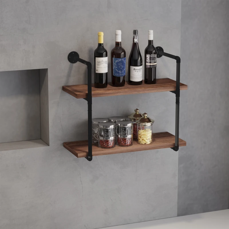 HOMCOM 2-Tier Industrial Pipe Shelves, Floating Wall Mounted Bookshelf, Metal Frame Display Rack for Living Room or Bedroom, Rustic Brown
