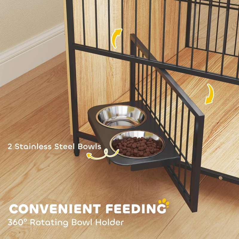 PawHut 30 Inch Dog Crate Furniture, Indoor Pet Kennel Side Table with Rotatable Bowls, 2 Doors, for M Dogs, Oak
