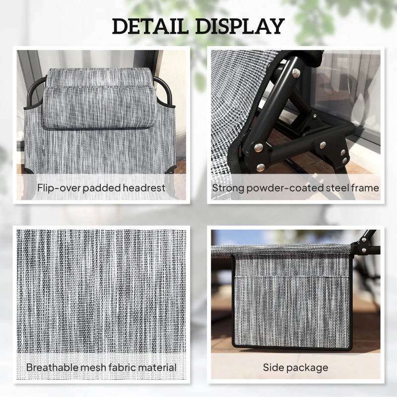 Outsunny Folding Chaise Lounge Pool Chair with 4-level Reclining Back, Cushion, Side Pocket, Headrest, Gray