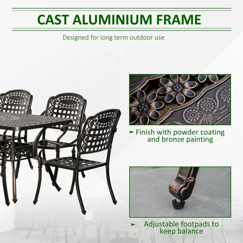 Outsunny 7-Piece Patio Dining Set, Cast Aluminum Outdoor Furniture Set with 6 Armchairs, 1 Table and Umbrella Hole, Bronze