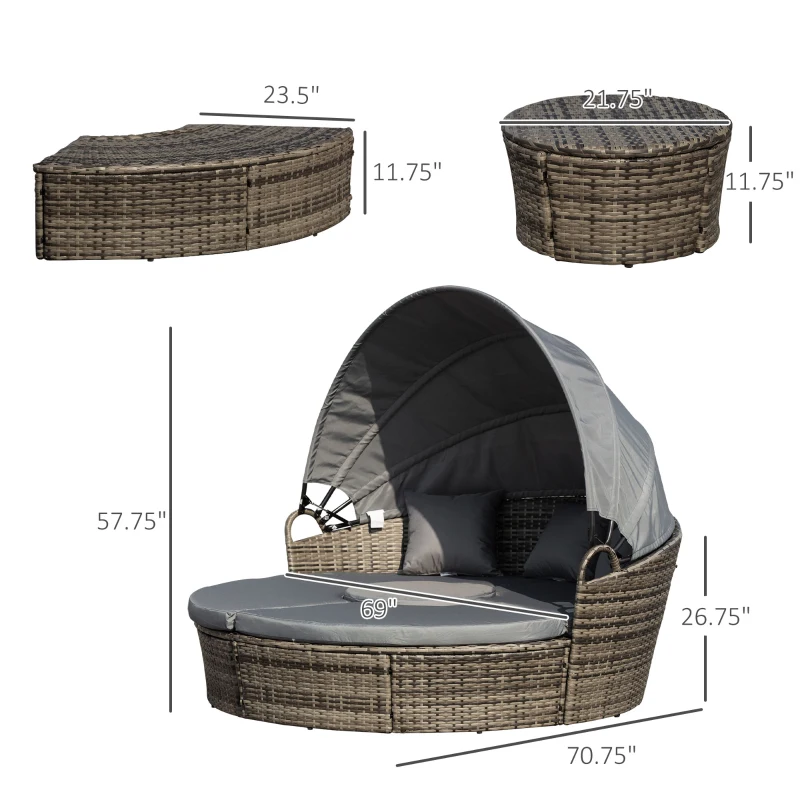 Outsunny 4-Piece Round Convertible Daybed with Cushions, Outdoor PE Rattan Patio Wicker Sofa Set, Dark Gray