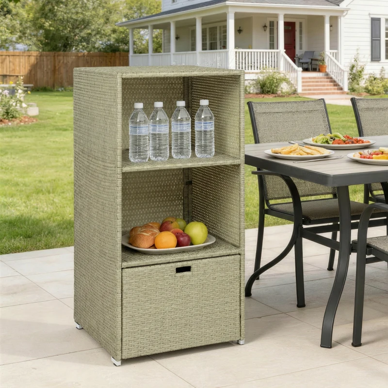 Outsunny Valet Pool Towel Rack, Water-Resistant PE Plastic Rattan Wicker Storage Organizer, 2 Shelves, 1 Basket Drawer