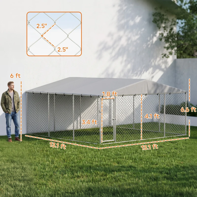 PawHut 13' x 13' x 6.5' Dog Kennel Outdoor for Small Medium Dogs with Waterproof Roof, Silver