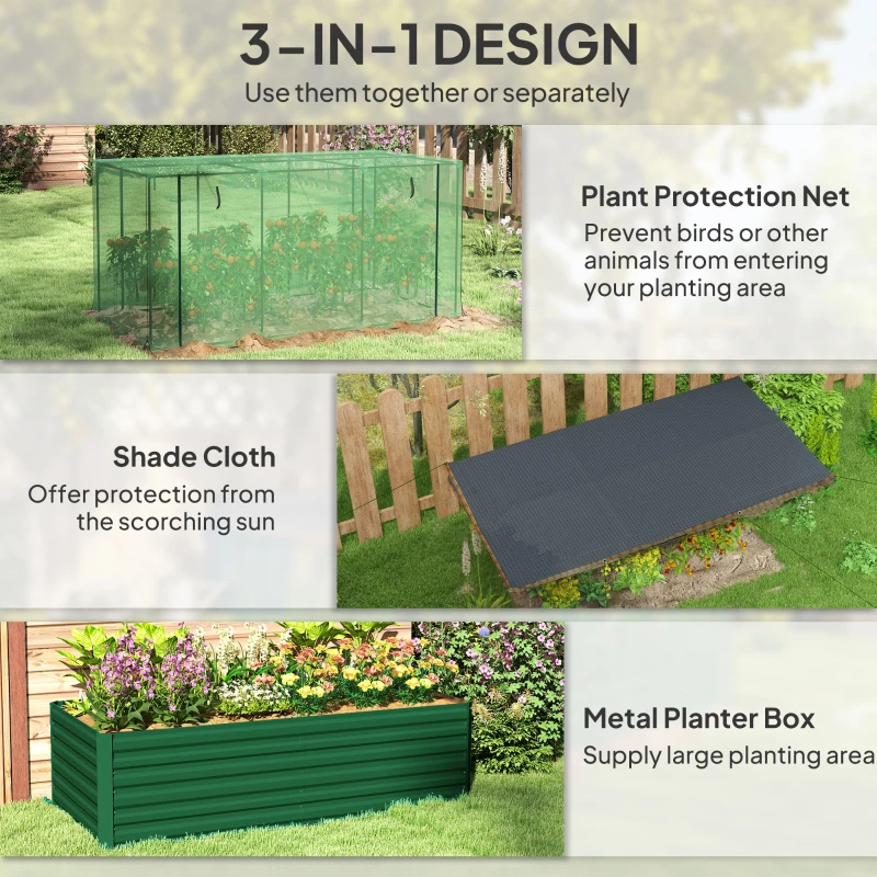 Outsunny Galvanized Steel Planter Box with Crop Cage and Shade Cloth, Raised Garden Bed for Flowers, Veggies and Herbs, Green