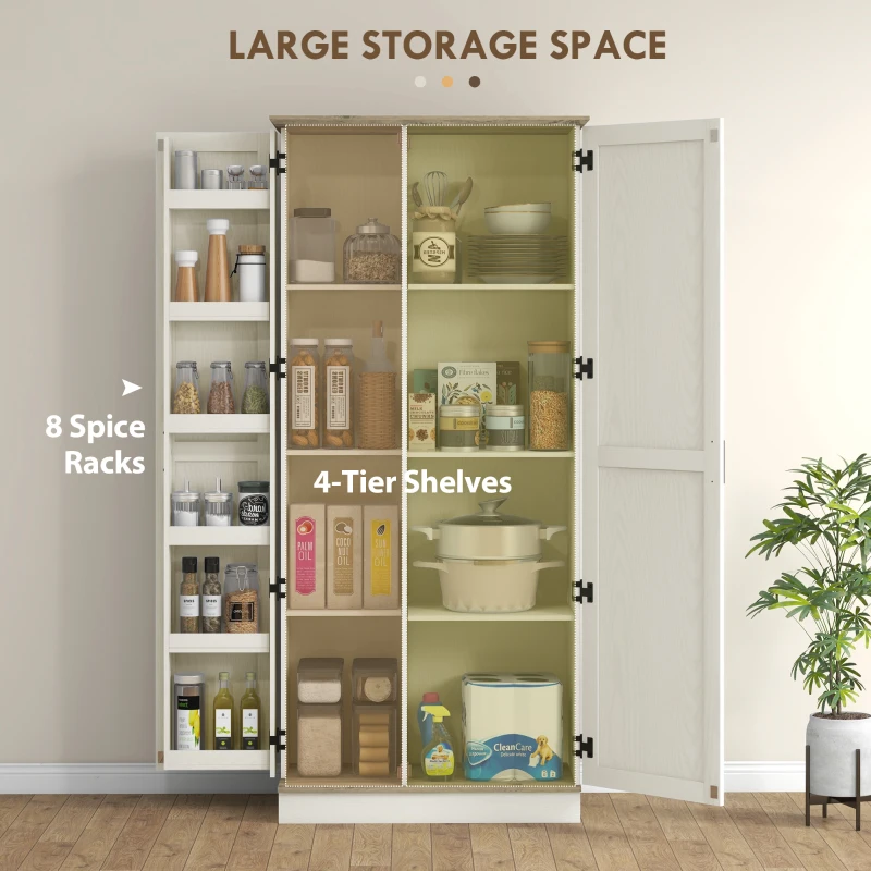 HOMCOM 70" Tall Kitchen Pantry Cabinet with Spice Racks and Adjustable Shelves for Living Room, Dining Room, White