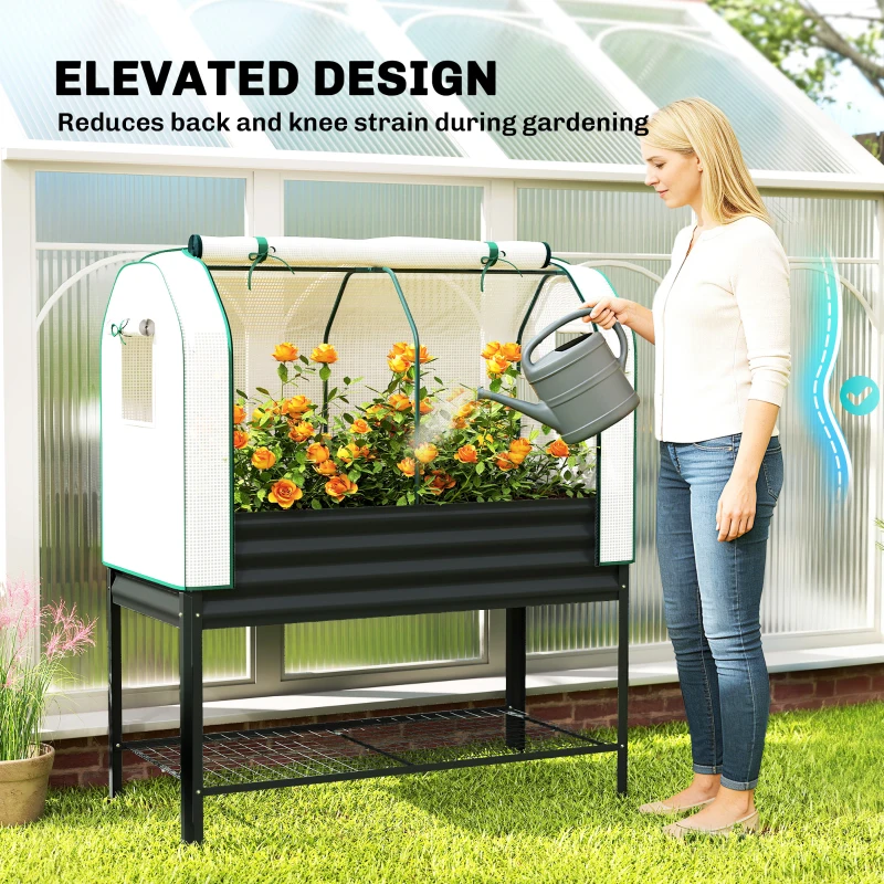 Outsunny Galvanised Raised Garden Bed with Greenhouse Cover, Metal Elevated Garden Bed with Bed Liner, Bottom Shelf, Black