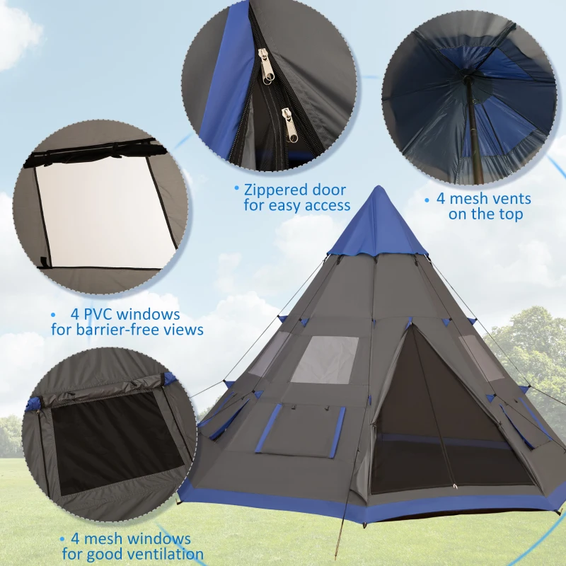Outsunny 12Ft Camping Tent 6-7 Person 4 Season with 8 Mesh Windows, Outdoor Teepee Tent with Waterproof Material