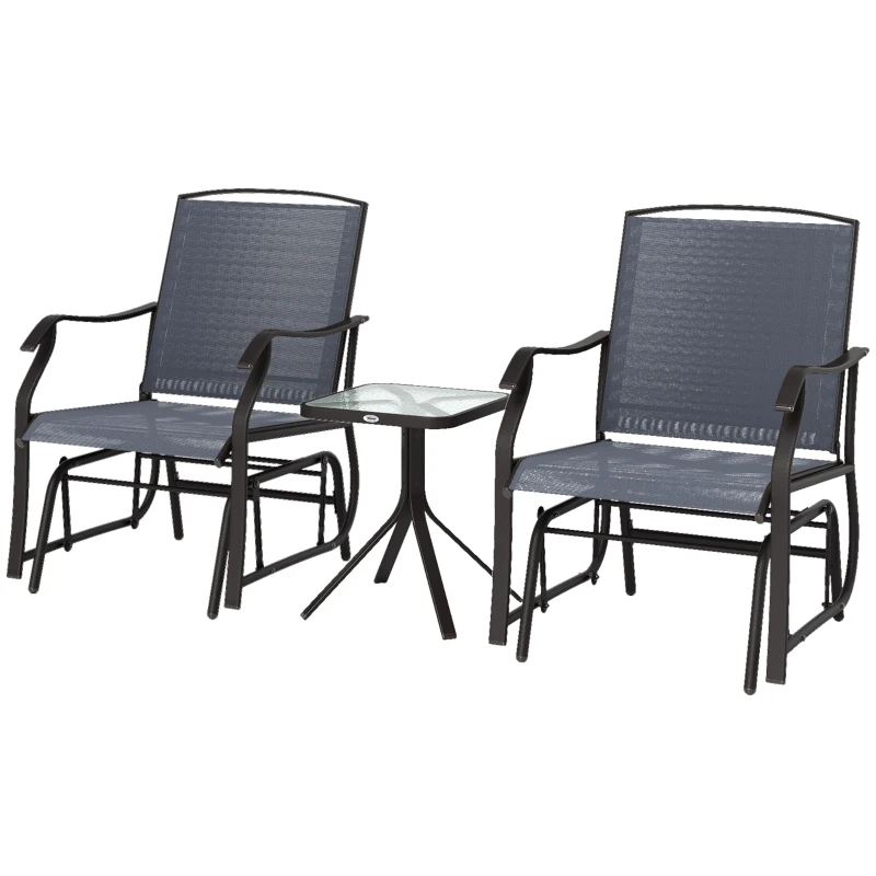 Outsunny 3 Piece Outdoor Glider Chair with Coffee Table Bistro Set, 2 Patio Rocking Swing Chairs with Breathable Sling Fabric, Glass Tabletop, for Backyard, Garden and Porch, Gray
