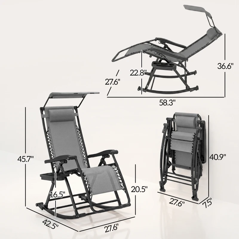 Outsunny 2 Outdoor Rocking Chairs Foldable Reclining Zero Gravity Lounge Rockers w/ Pillow Cup & Phone Holder, Gray