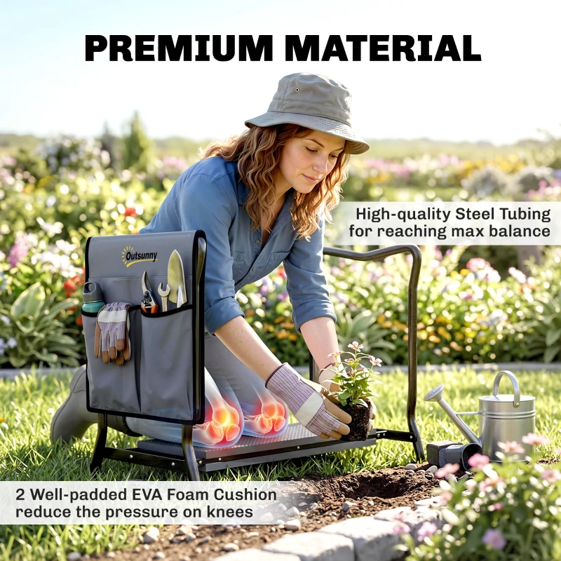 Outsunny 2-In-1 Garden Kneeler and Seat, Heavy Duty Foldable Garden Stool with Soft EVA Pad and Tool Pouch, Gray