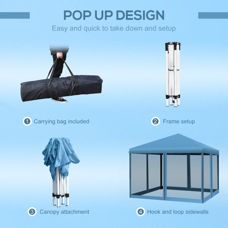 Outsunny 10' x 10' Pop Up Canopy Tent with Netting, Instant Gazebo, Ez up Screen House Room with Carry Bag, Height Adjustable, for Outdoor, Garden, Patio, Light Blue