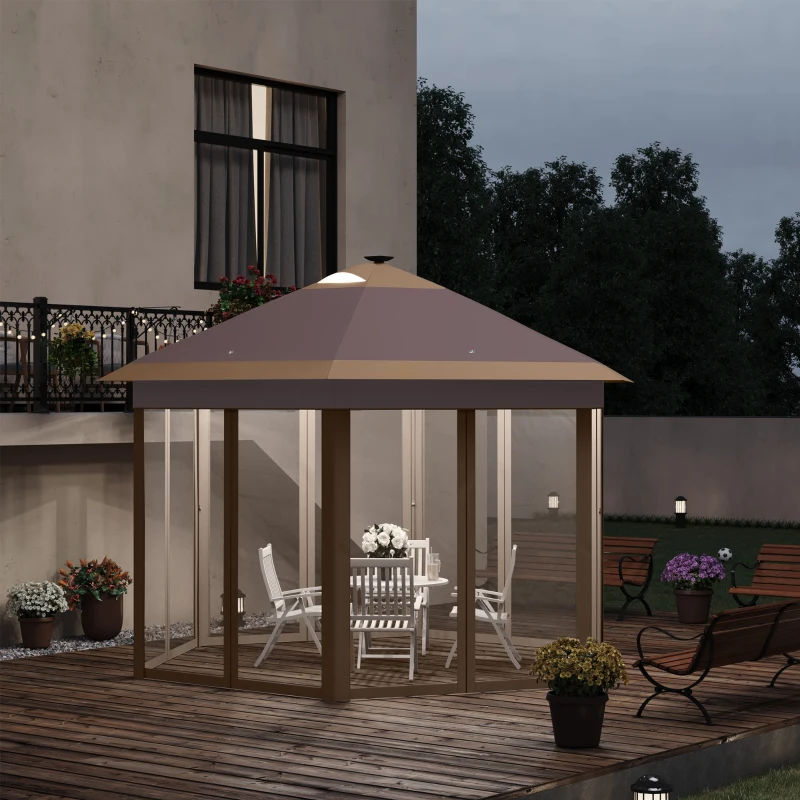 Outsunny 11' x 13' Pop up Gazebo with Netting & Solar LED Lights, Instant Portable Gazebo Shelter, Hexagonal Outdoor Canopy Tent Screen House Room with Carry Bag, Beige