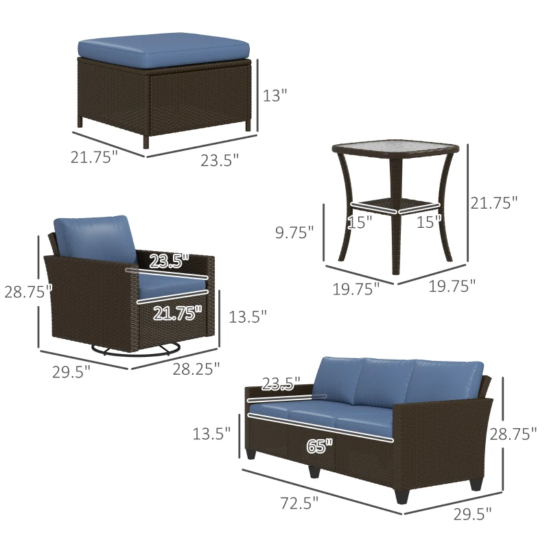 Outsunny 6-Piece Rattan Patio Furniture Set with 3-Seater Sofa, Swivel Rocking Chairs, Footstools, 2 Tier Table, Deep Coffee