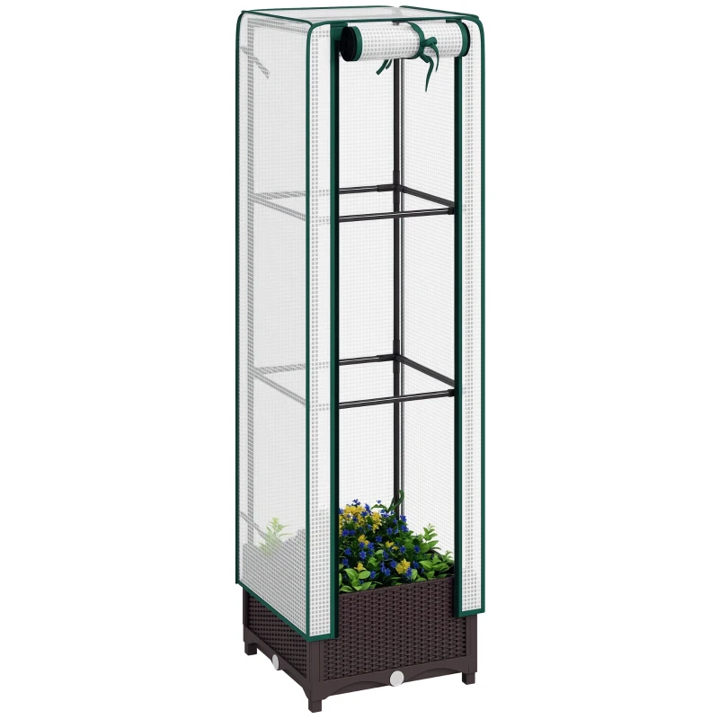 Outsunny Garden Bed with Trellis, Outdoor Plant Box with PE Cover, Drainage Holes and Zipper Door, 15.7" x 15.7" x 48.8", Brown