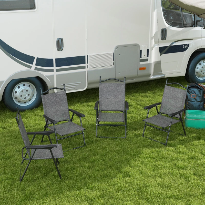Outsunny 4 Piece Folding Patio Camping Chair Set, Sports Chairs for Adults with Armrests, Mesh Fabric Seat for Lawn, Gray