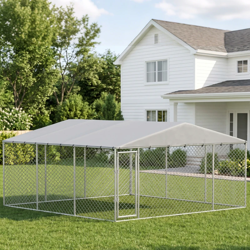 PawHut 13' x 13' x 6.5' Dog Kennel Outdoor for Small Medium Dogs with Waterproof Roof, Silver