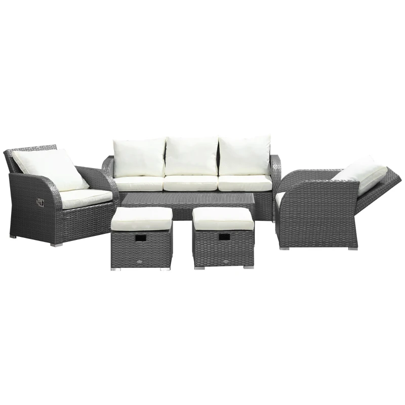 Outsunny 6-Piece Outdoor Rattan Patio Sectional Sofa Set with 3-Seat Couch, 2 Recliners, 2 Ottoman Footrests, & Coffee Table Conversation Set, Cream White
